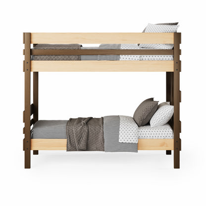 Native elm and dark wood bunk bed with simple slatted design and grey bedding.