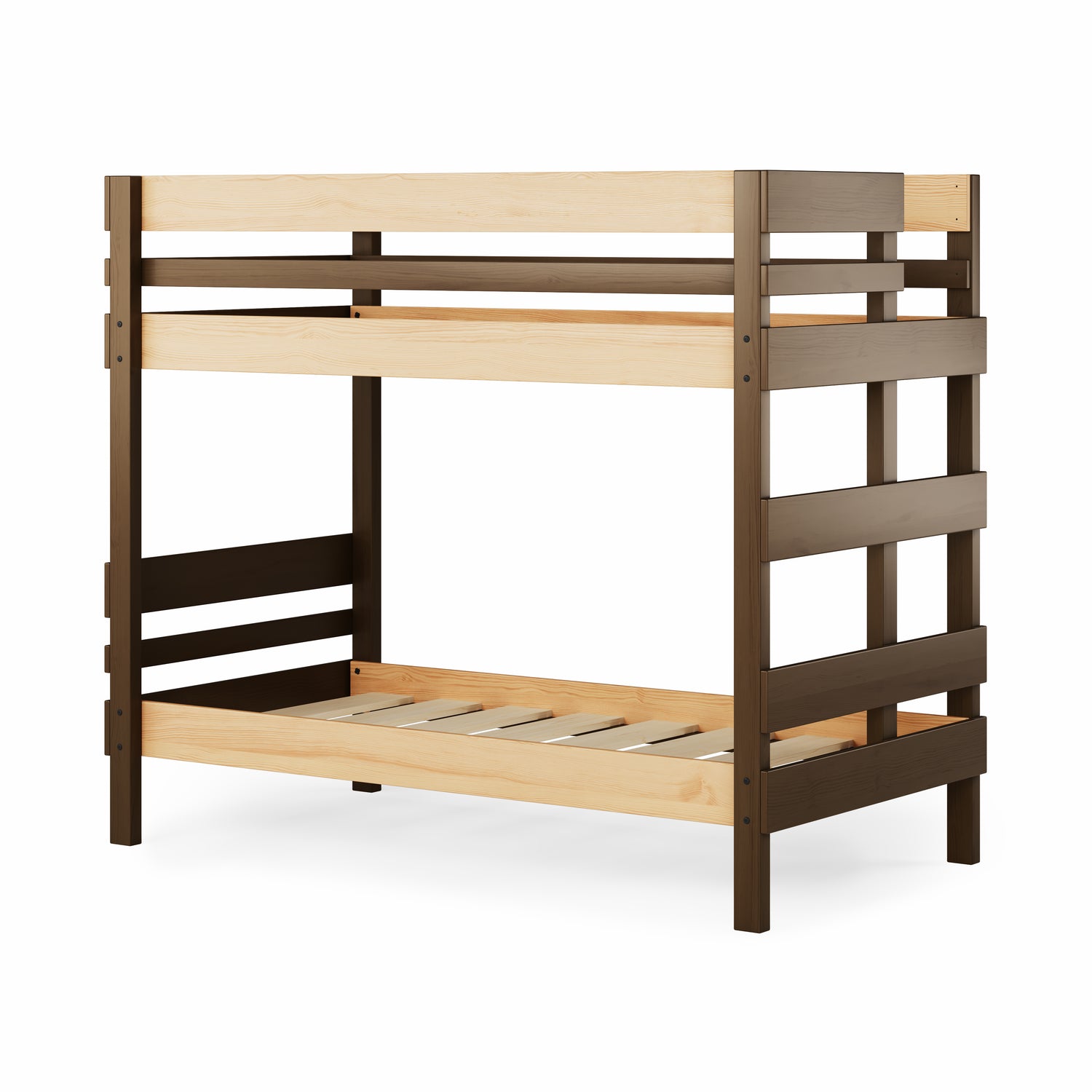 Native elm finish end ladder bunk bed with solid wood slats and sturdy frame.