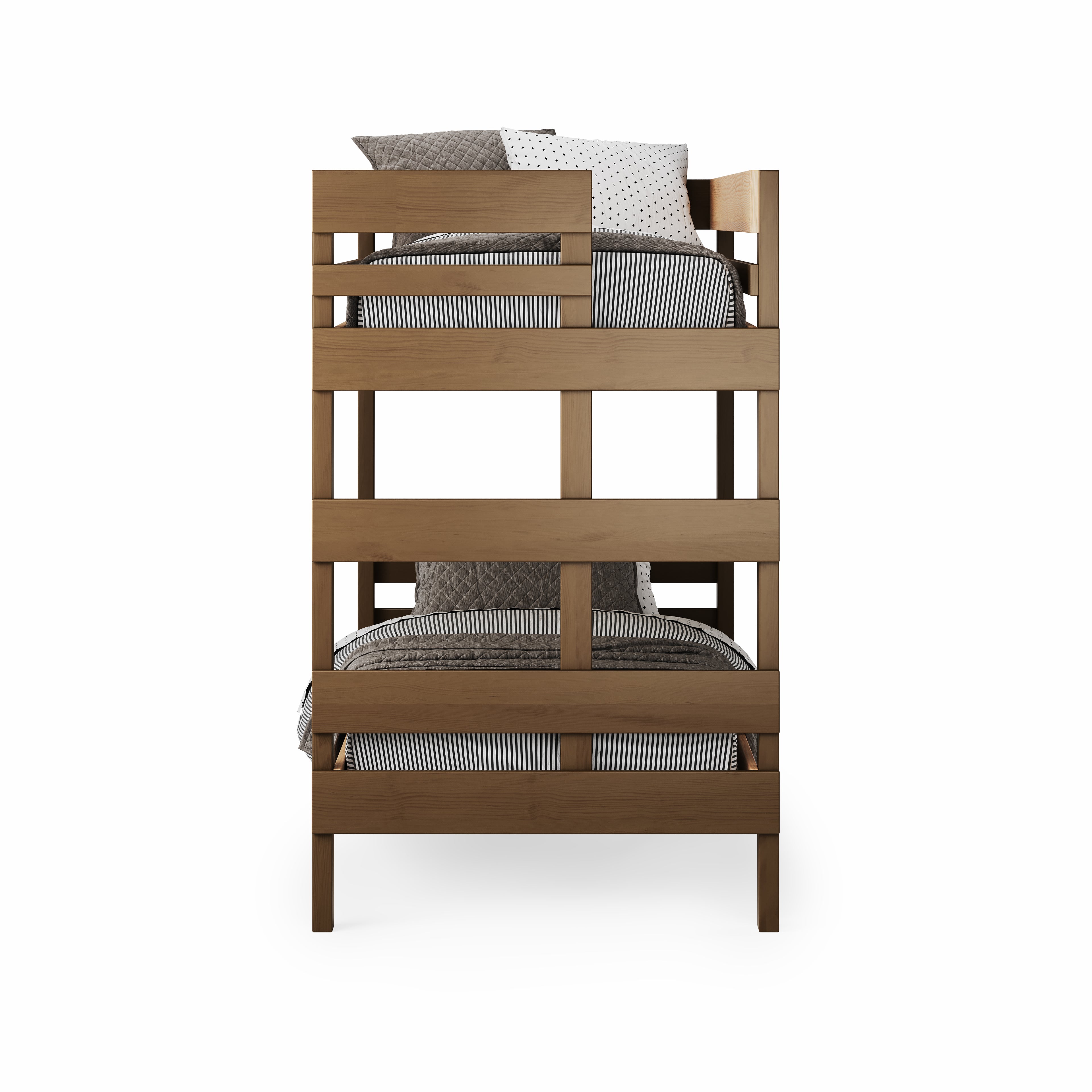 Native elm bunk bed with sturdy slatted guardrails and two single beds stacked vertically.
