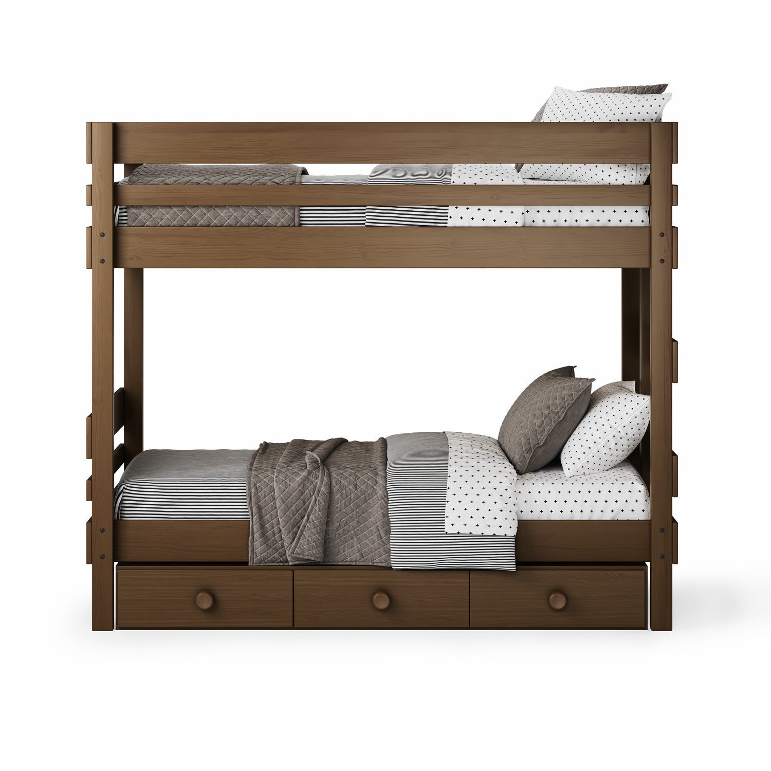 Native Elm bunk bed with King Single size, three under-bed drawers, and gray bedding.
