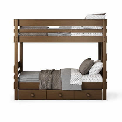 Native Elm bunk bed with King Single size, three under-bed drawers, and gray bedding.