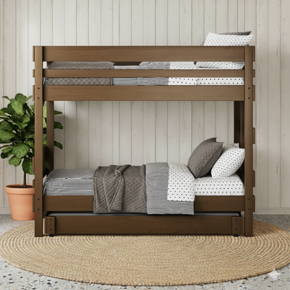 Native Elm bunk bed with single-size frames, ladder at the end, and neutral bedding in a cozy room setting.