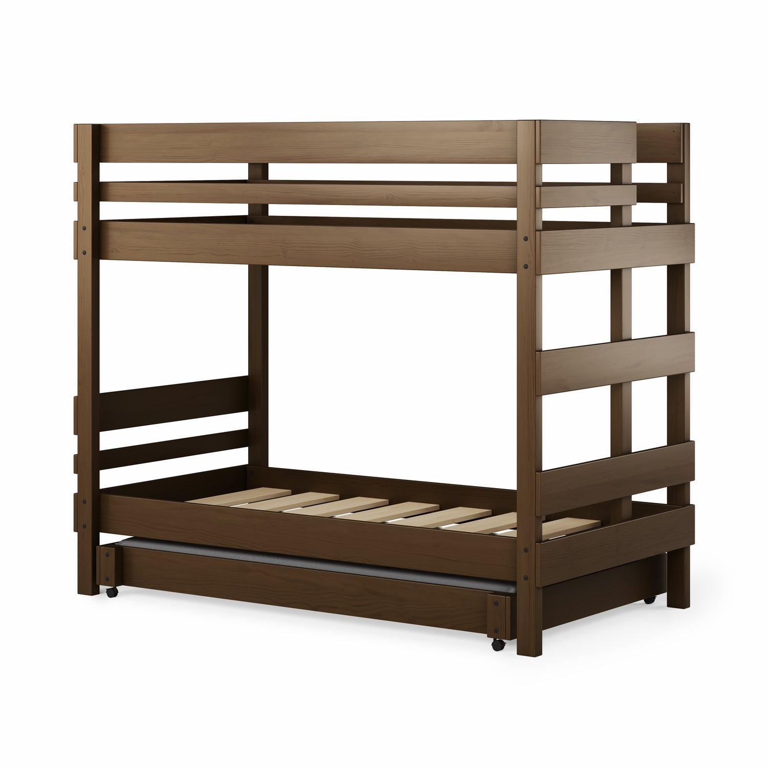 Brown wooden bunk bed with side ladder and slatted guard rails on top bunk.