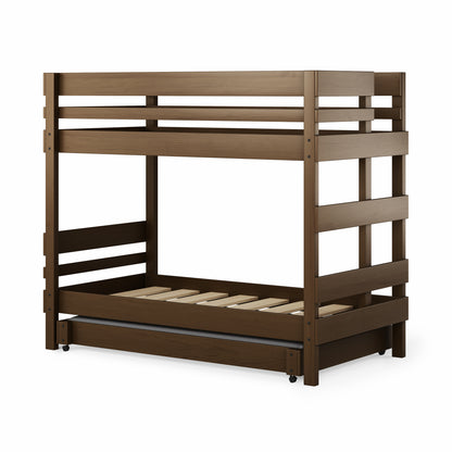 Brown wooden bunk bed with side ladder and slatted guard rails on top bunk.