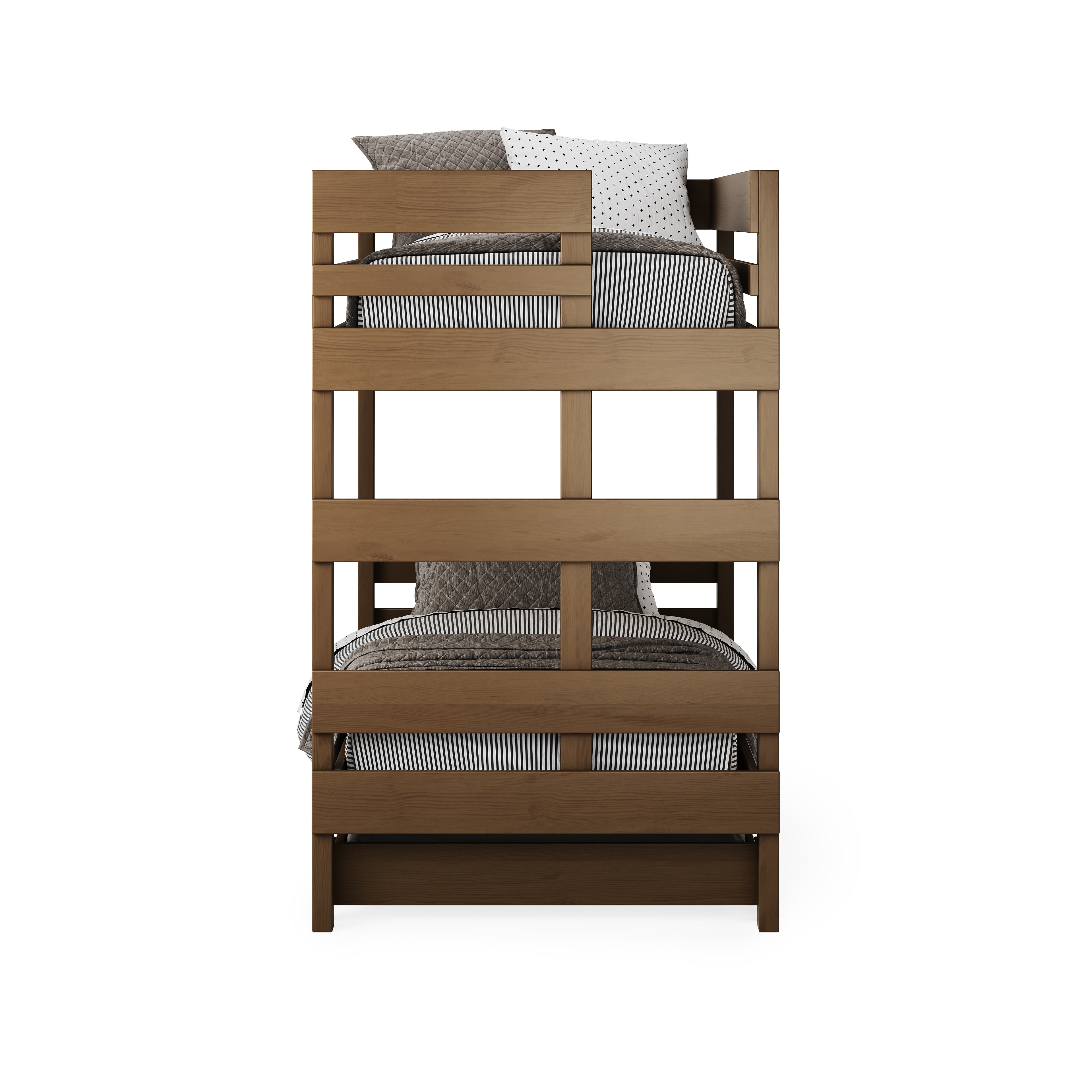 Native Elm bunk bed with clean horizontal slats, twin-size upper and lower beds, minimalist design.