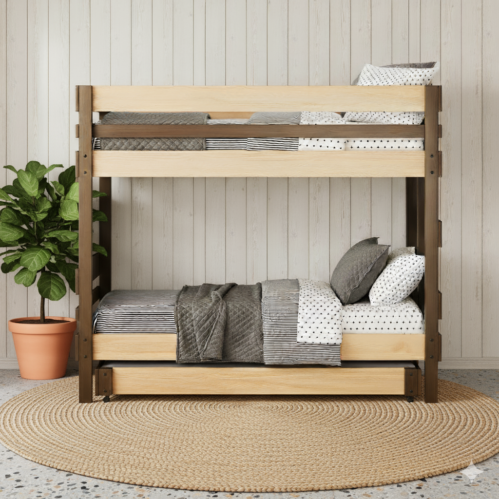 Native Elm bunk bed with king single top and single bottom beds, gray and white bedding, pull-out trundle beneath.