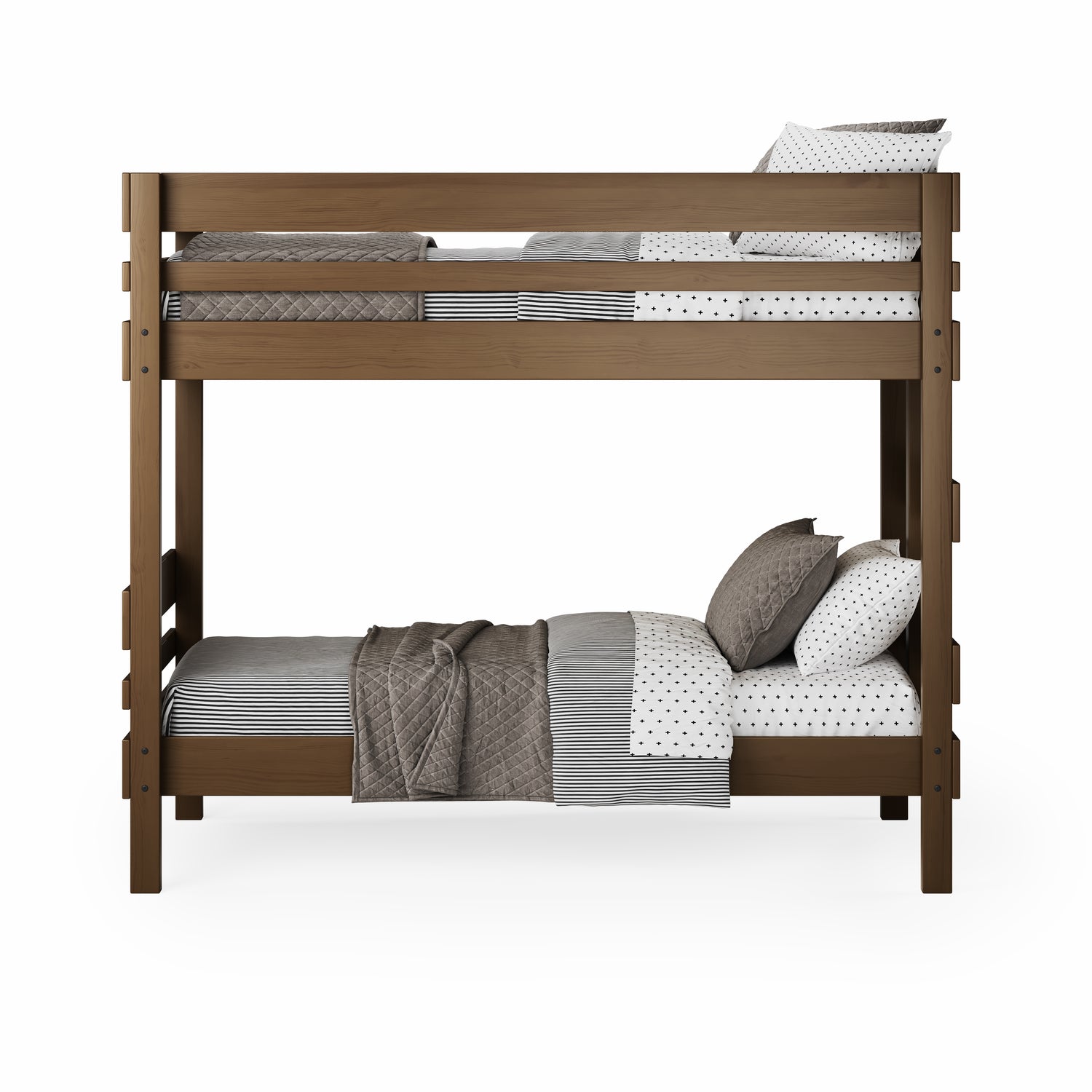 Native elm end ladder bunk bed with twin mattresses and neutral bedding.