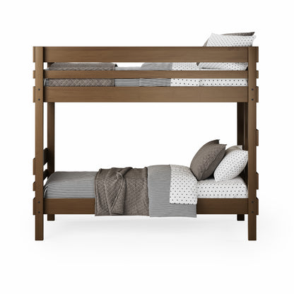 Native elm end ladder bunk bed with twin mattresses and neutral bedding.