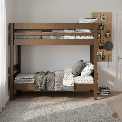 Native elm wooden bunk bed with simple guardrails and neutral bedding in a minimalist room.