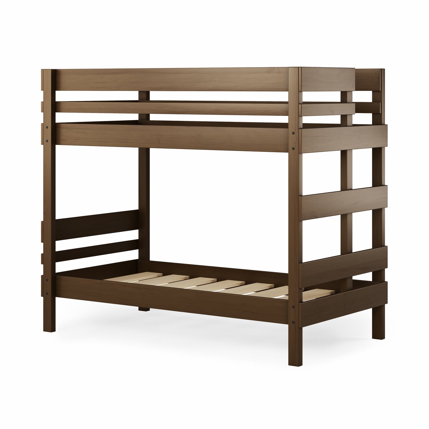 Native elm bunk bed with ladder on end and sturdy slat frame.