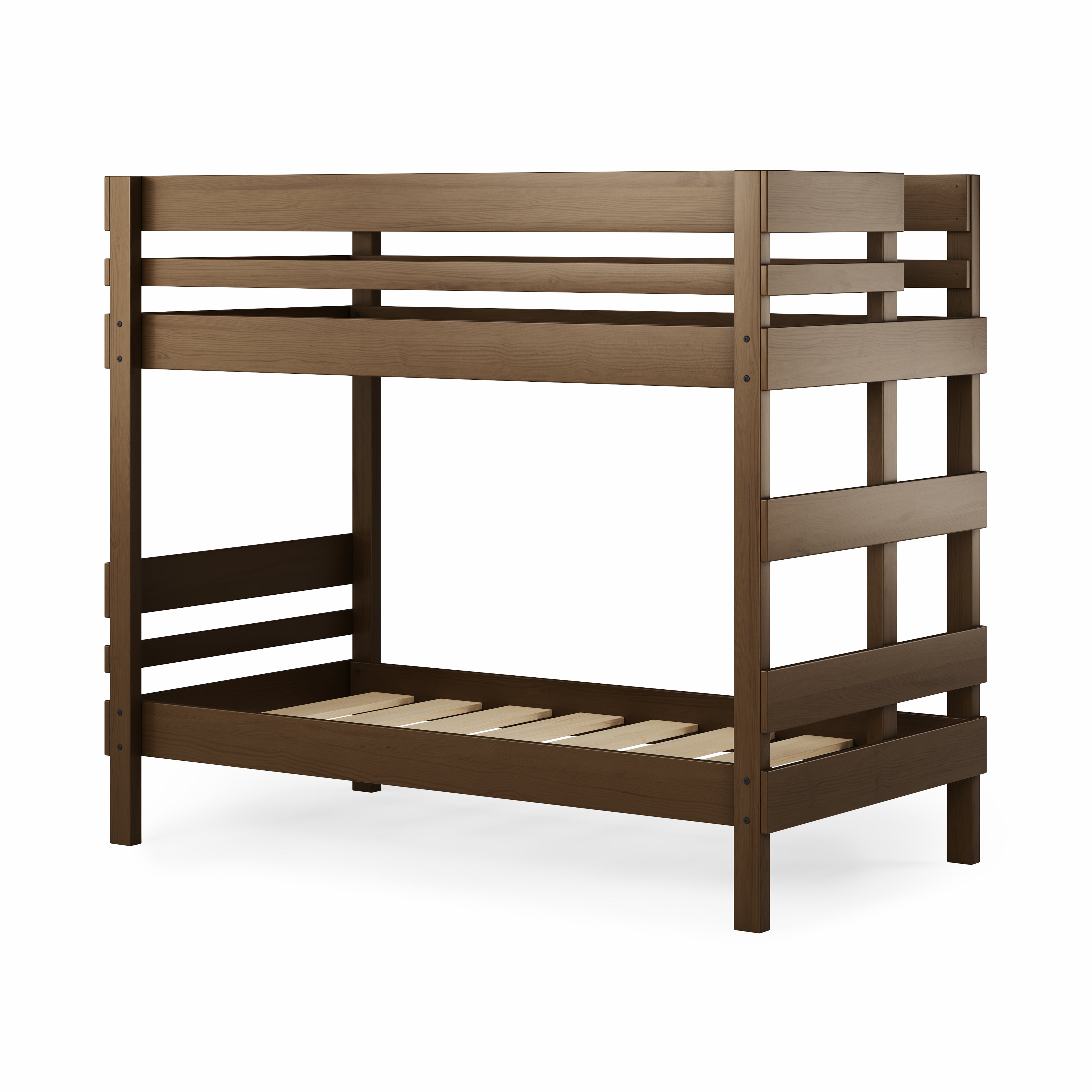 Native elm bunk bed with ladder on end and sturdy slat frame.