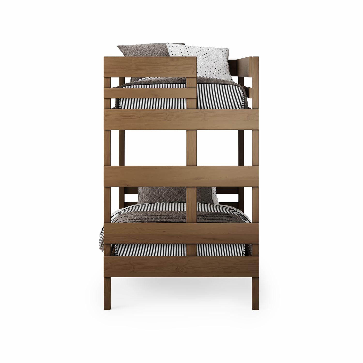 Native elm bunk bed with clean lines and simple guardrails, dressed in gray bedding.