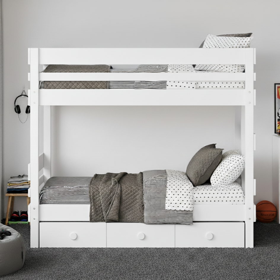 White timber bunk bed in Perth bedroom with under bed drawers