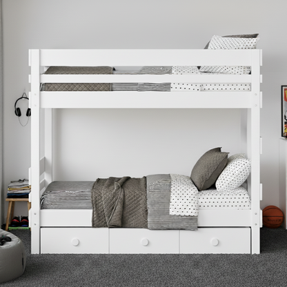 White timber bunk bed in Perth bedroom with under bed drawers