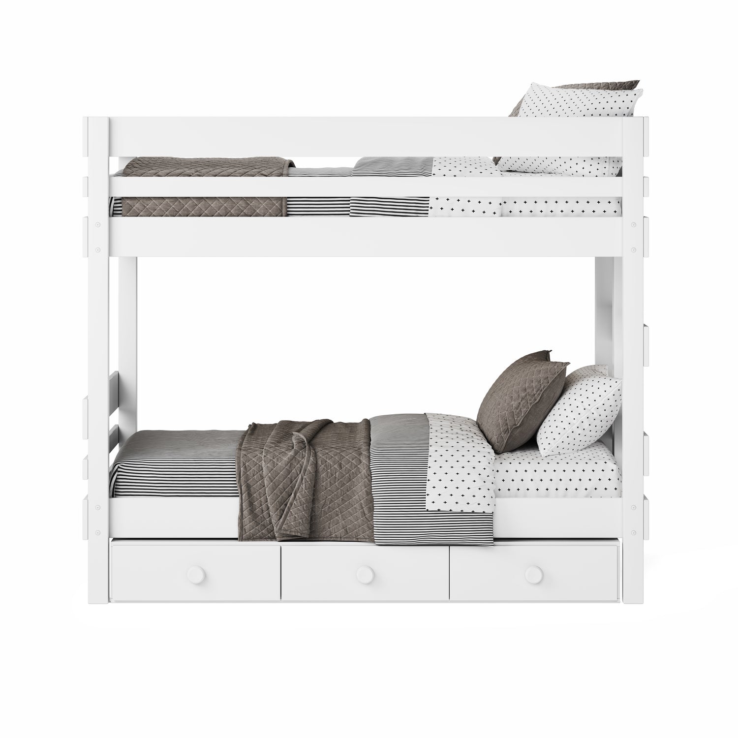 White wooden bunk bed with under bed drawers and gray and white bedding.