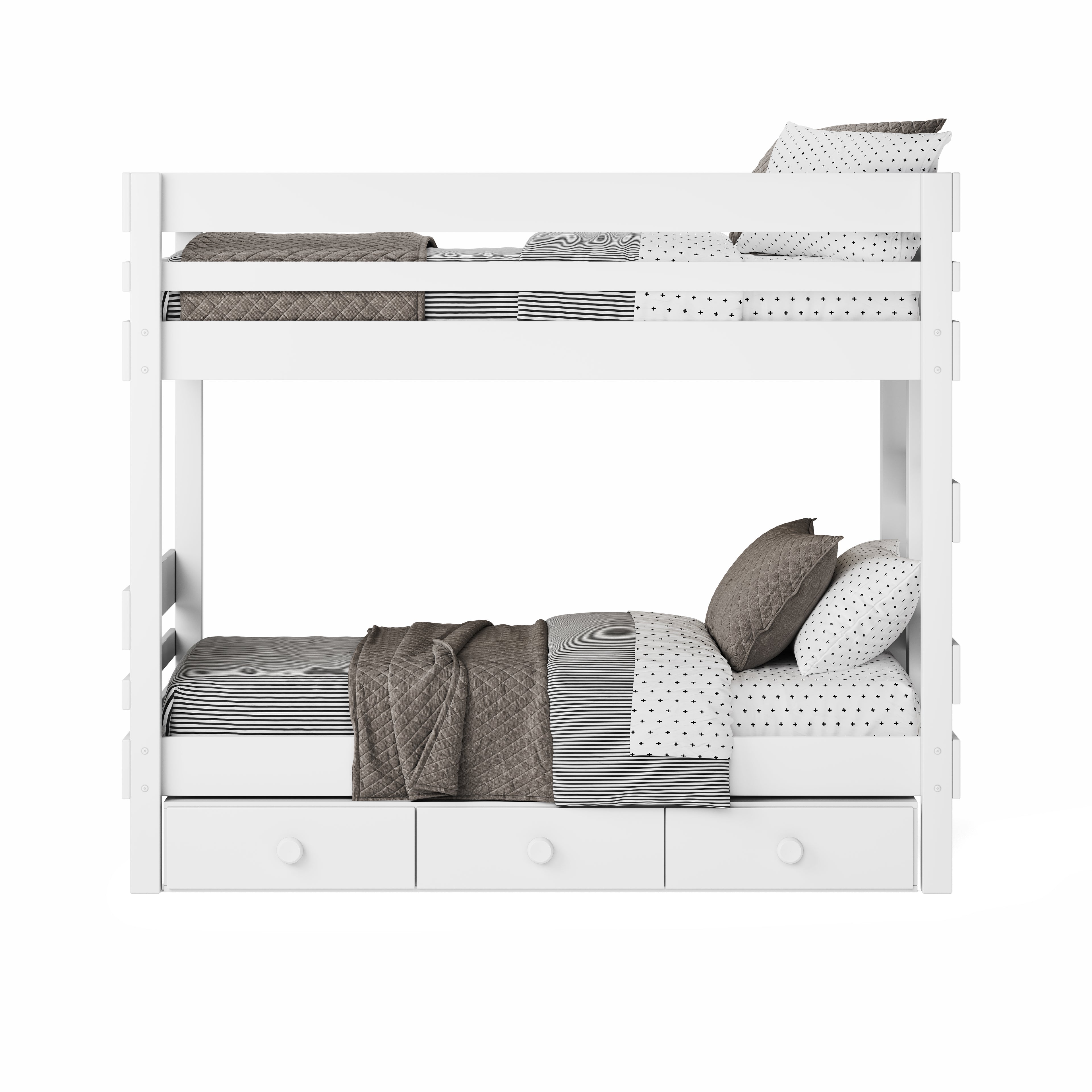 White wooden bunk bed with under bed drawers and gray and white bedding.