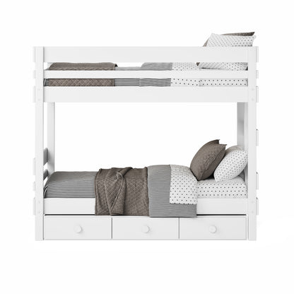 White wooden bunk bed with under bed drawers and gray and white bedding.