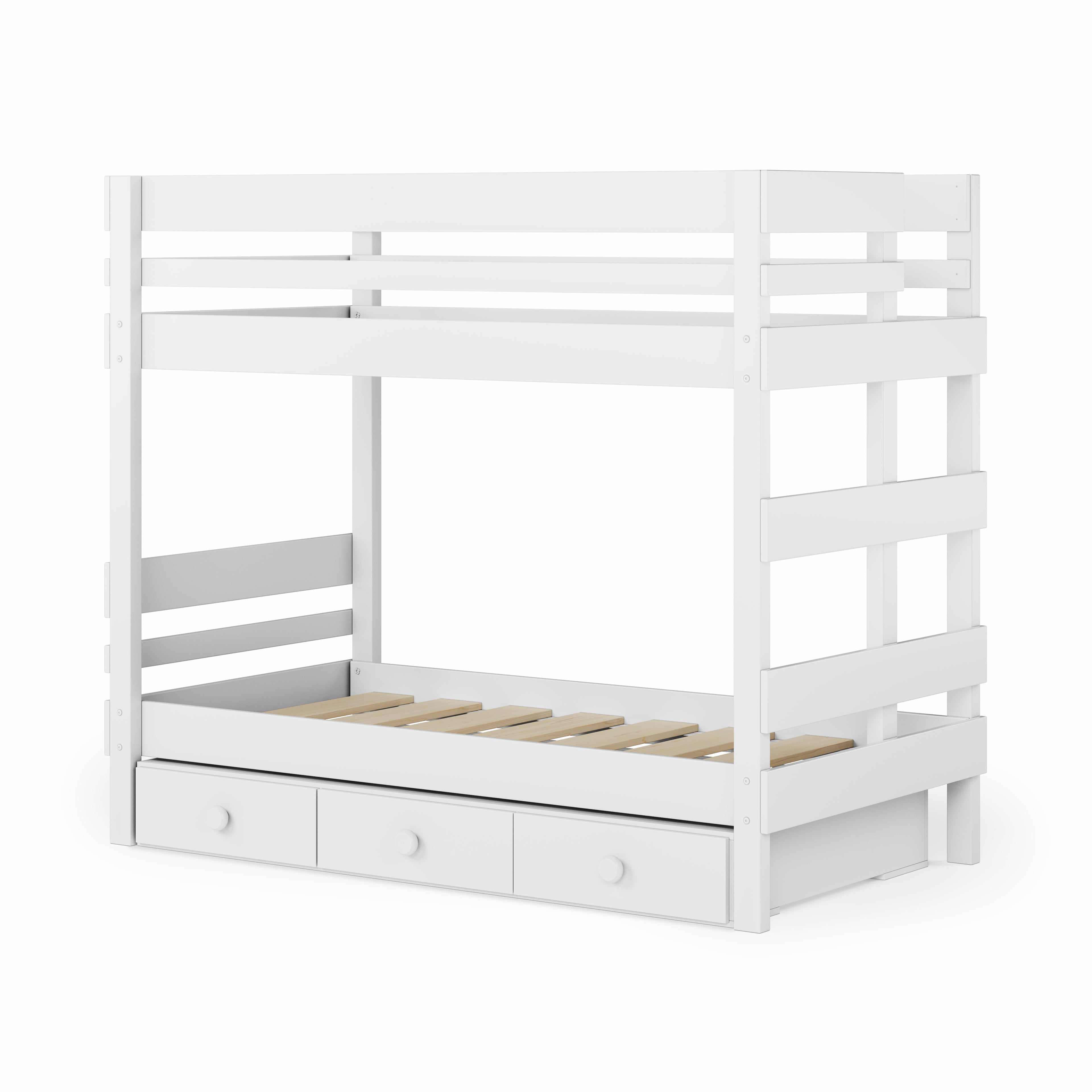 White wooden bunk bed with built-in under-bed drawers and horizontal slat guardrails.