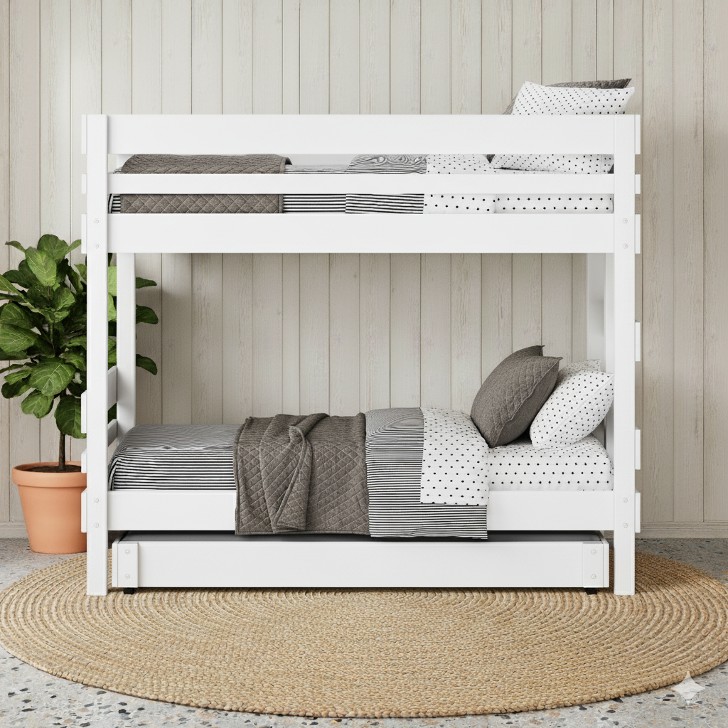 White wooden bunk bed with ladder, guardrails, and trundle drawer on woven round rug.