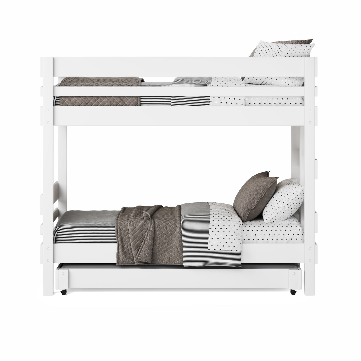 White wooden bunk bed with guardrails, bedding in neutral tones, and trundle drawer below.