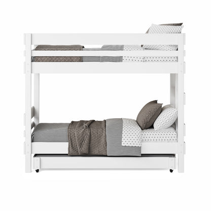 White wooden bunk bed with guardrails, bedding in neutral tones, and trundle drawer below.