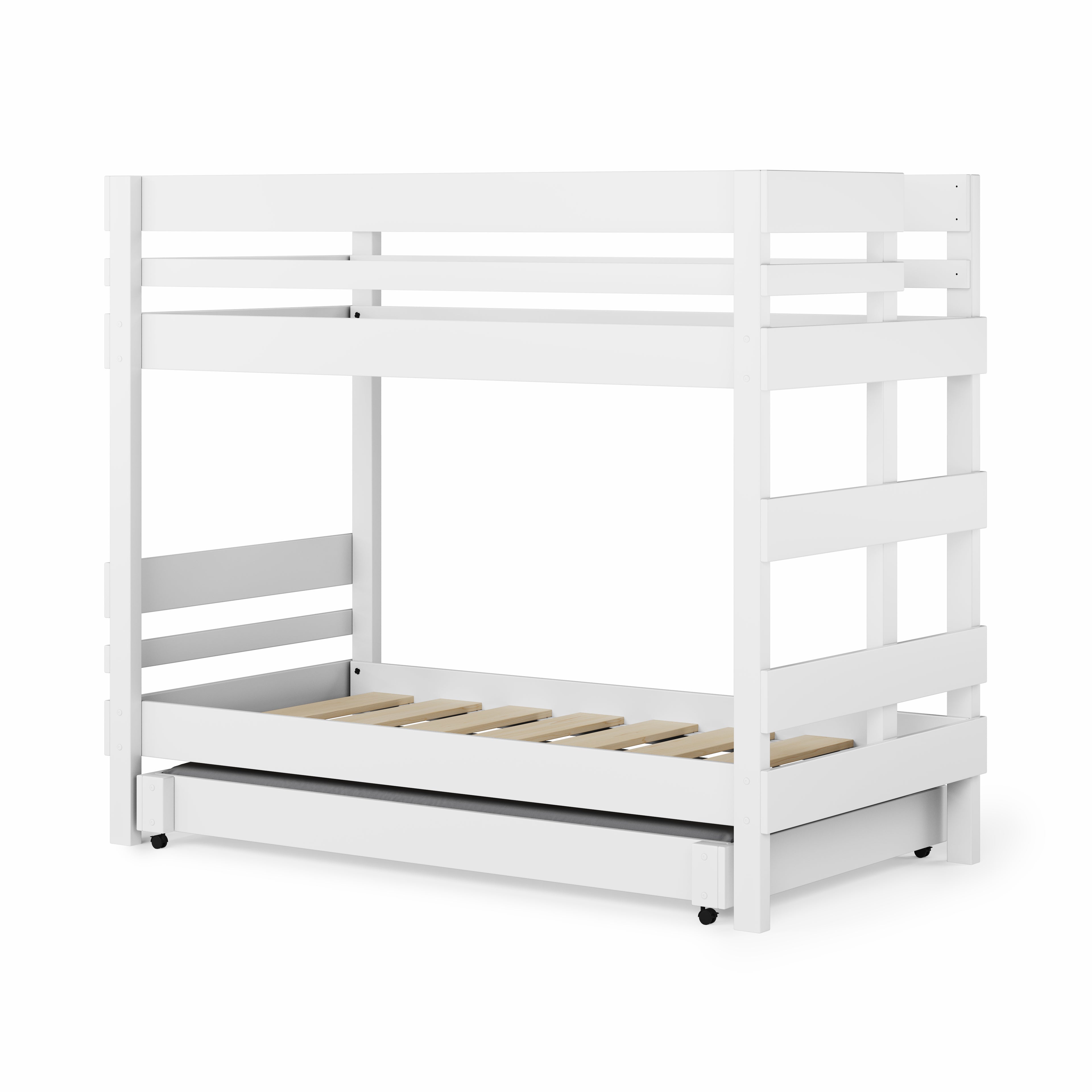 White wooden bunk bed with safety rails and a pull-out trundle drawer underneath.