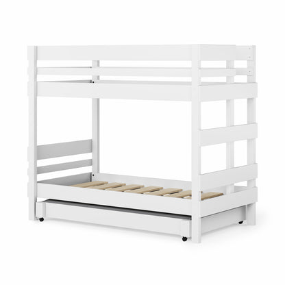 White wooden bunk bed with safety rails and a pull-out trundle drawer underneath.