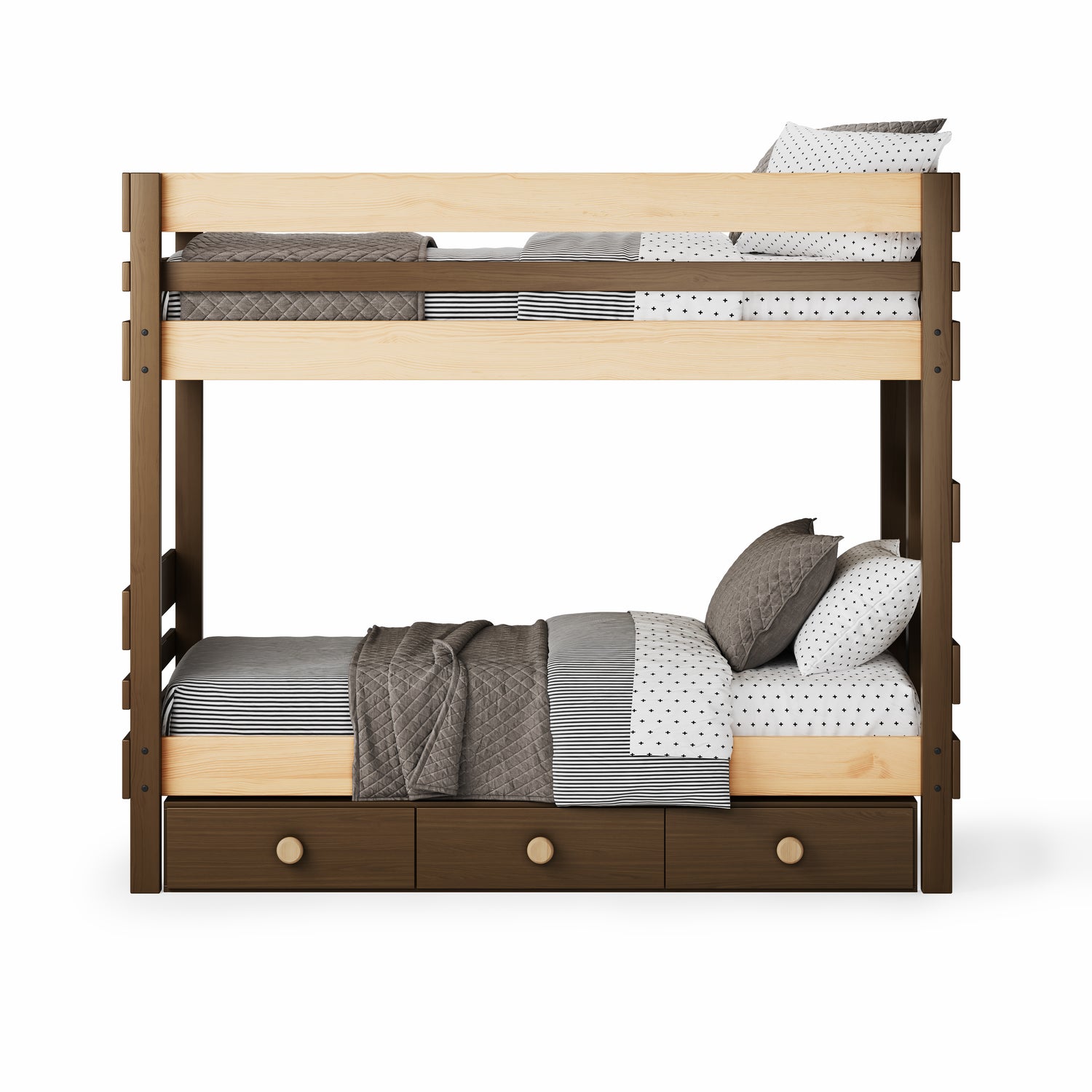 Native Elm bunk bed with two single beds and three built-in under-bed drawers, modern design.