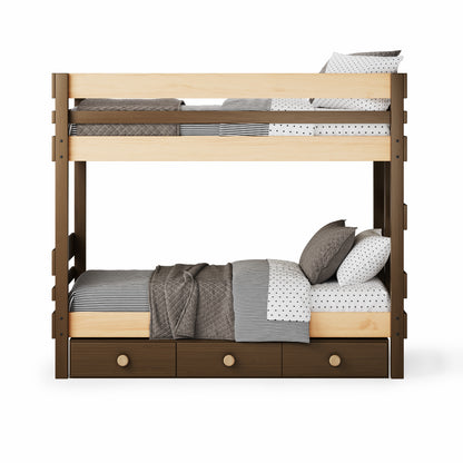 Native Elm bunk bed with two single beds and three built-in under-bed drawers, modern design.