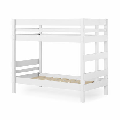 White wooden bunk bed with guardrails and ladder on side, minimalist design.