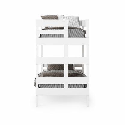 White wooden bunk bed with safety rails and gray bedding on both levels.