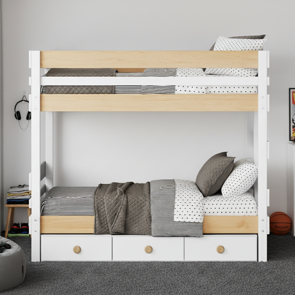 White and natural elm end ladder bunk bed with under bed drawers and gray bedding.