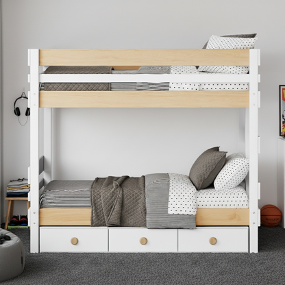 White and natural elm end ladder bunk bed with under bed drawers and gray bedding.