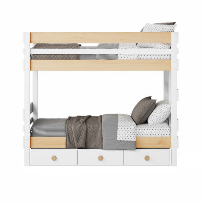 White and natural elm end ladder bunk bed with three under bed drawers and bedding.