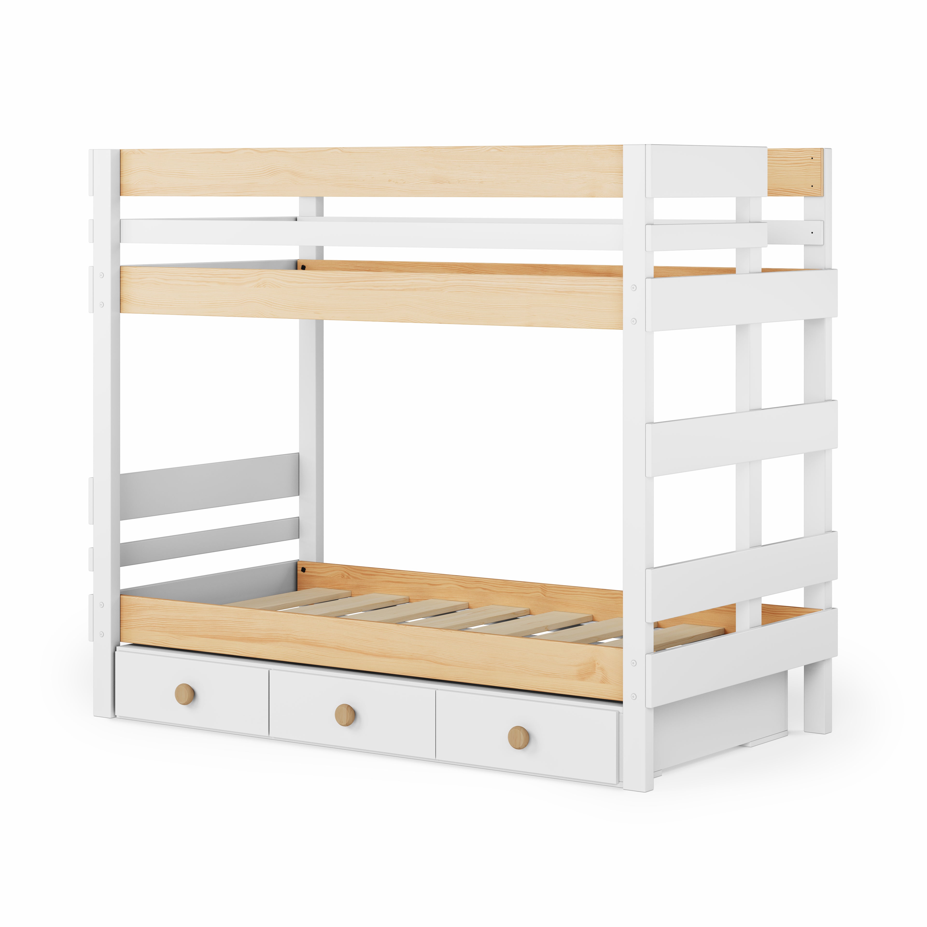 White and natural elm bunk bed with under-bed drawers and ladder on the end.