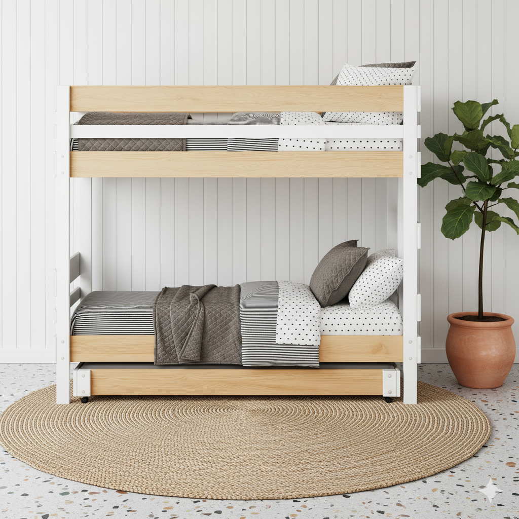 White and native elm bunk bed with simple slatted guardrails and textured bedding on natural woven rug.