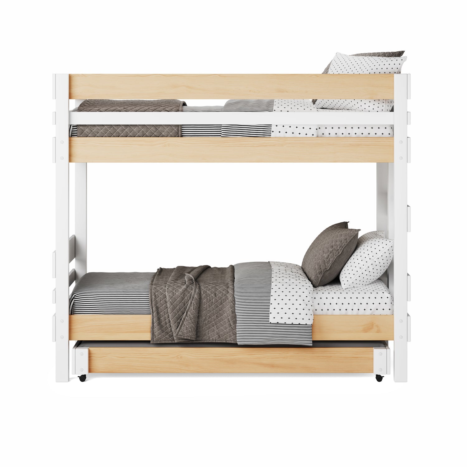 White wooden bunk bed with natural elm panels and under bed drawer storage.