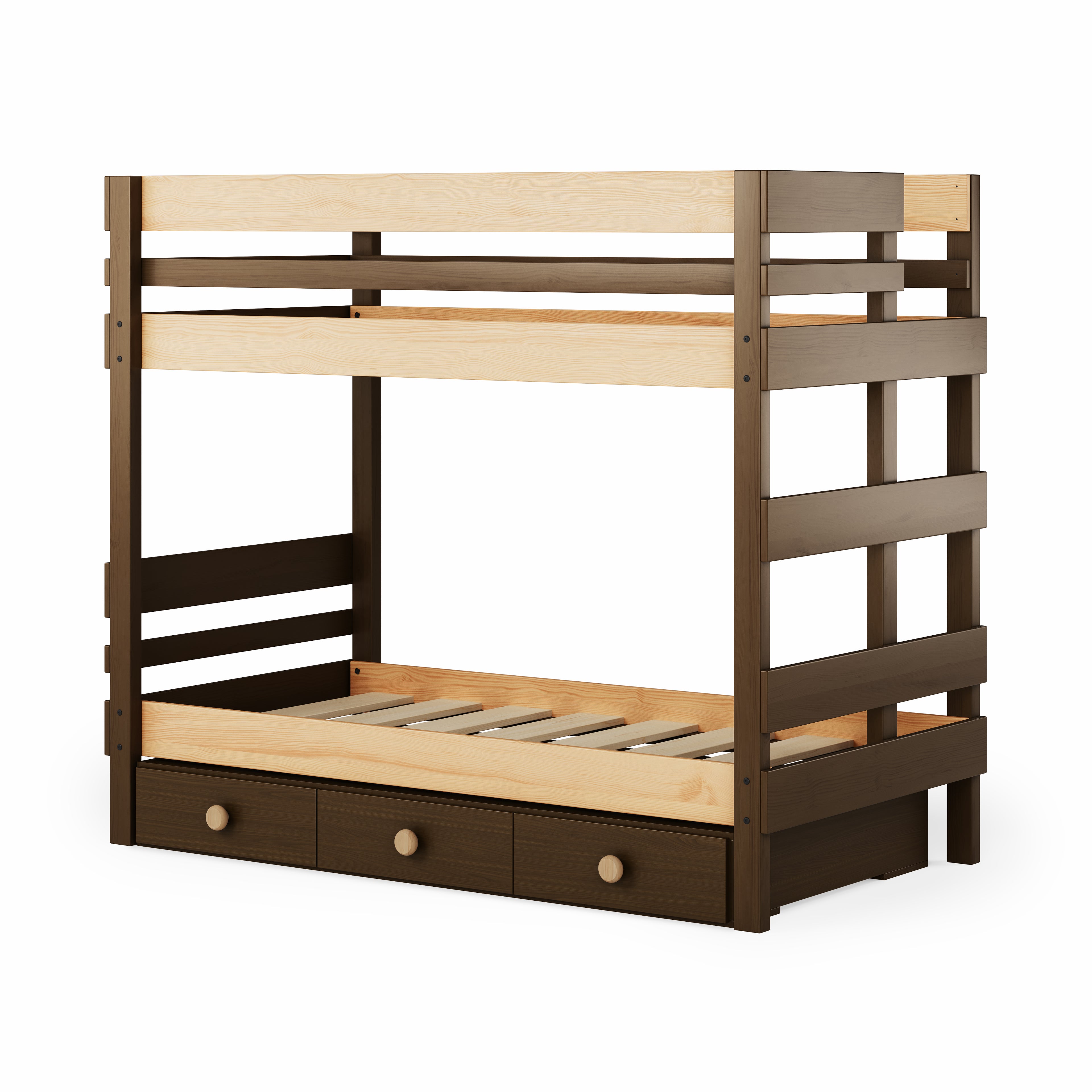 Native elm bunk bed with ladder and three under-bed drawers in dark wood finish.