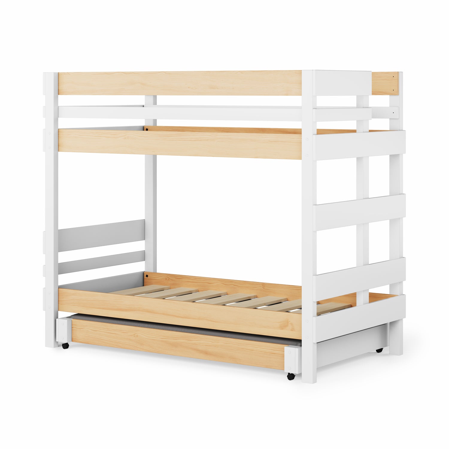 White and natural elm end ladder bunk bed with slatted base and trundle drawer.