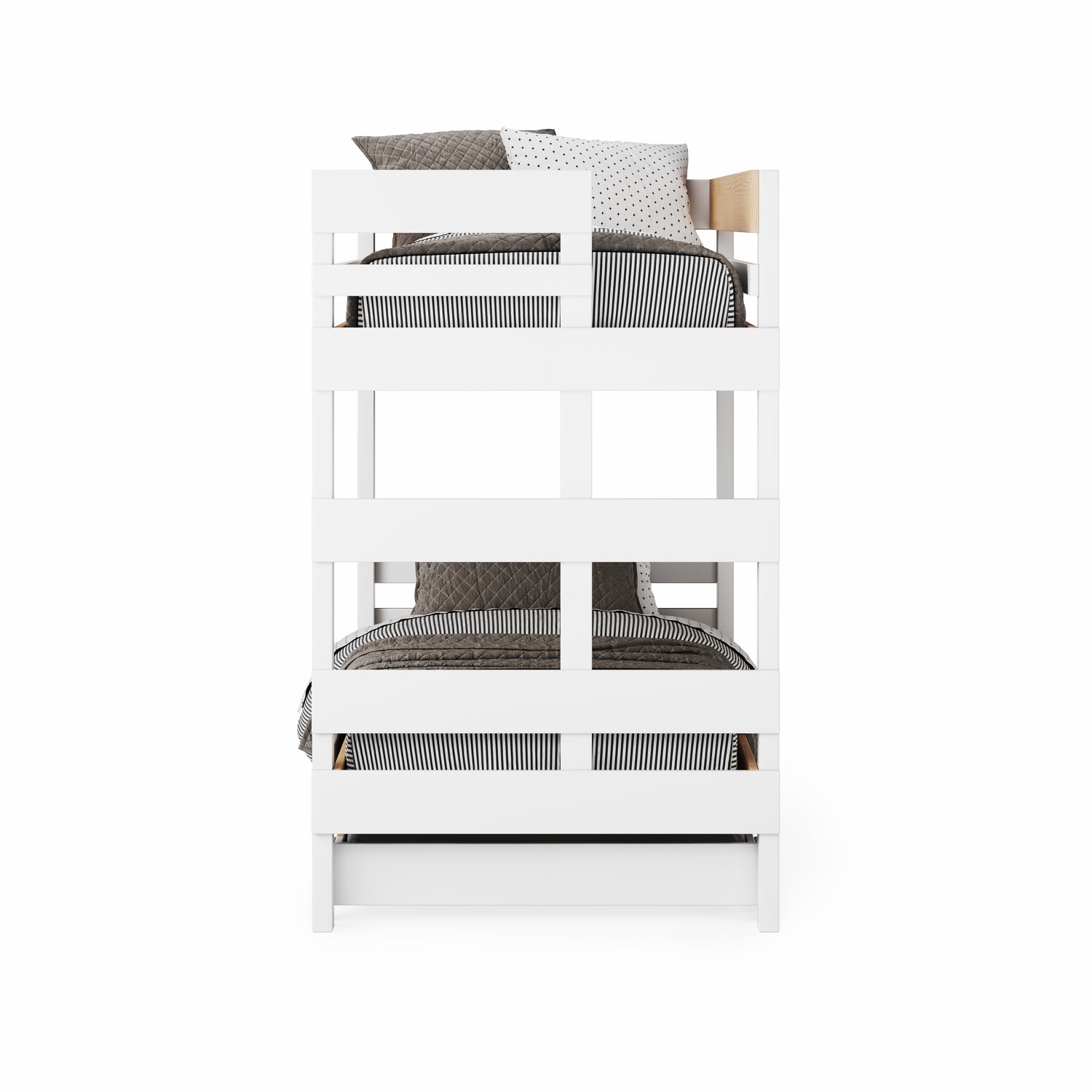 White wooden bunk bed with horizontal slat design and gray bedding.