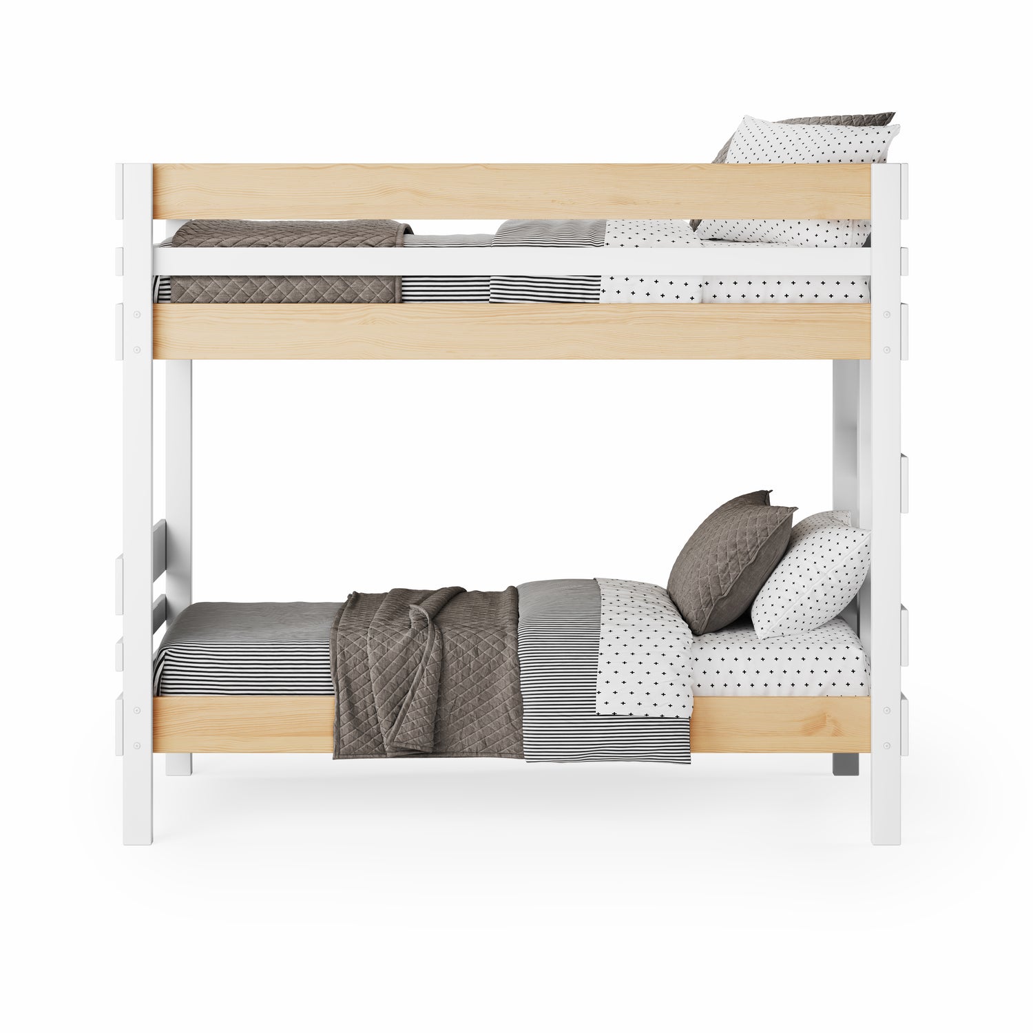 White and natural elm end ladder bunk bed with gray and white bedding.