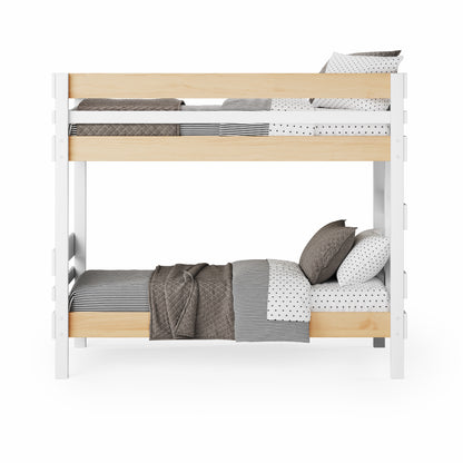 White and natural elm end ladder bunk bed with gray and white bedding.
