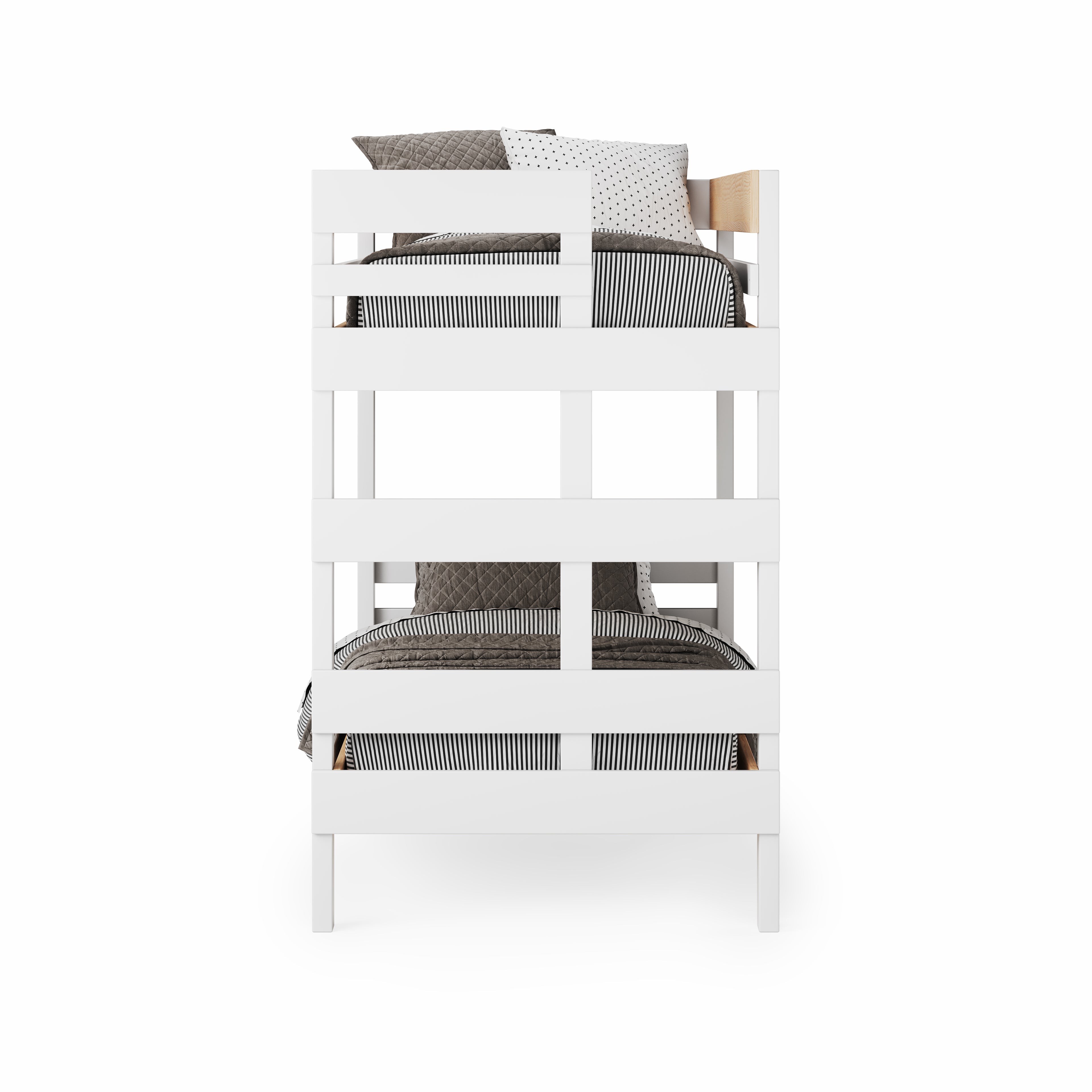 White wooden bunk bed with clean horizontal slats and gray bedding.