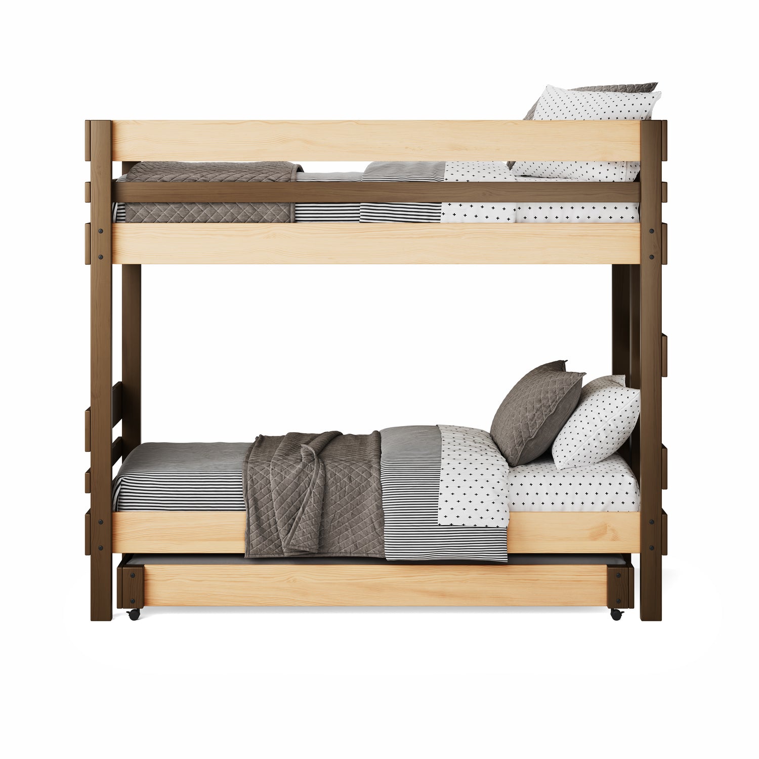 Native elm bunk bed with simple horizontal slats, twin over twin design, neutral bedding.