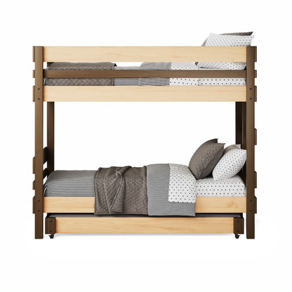 Native elm bunk bed with simple horizontal slats, twin over twin design, neutral bedding.