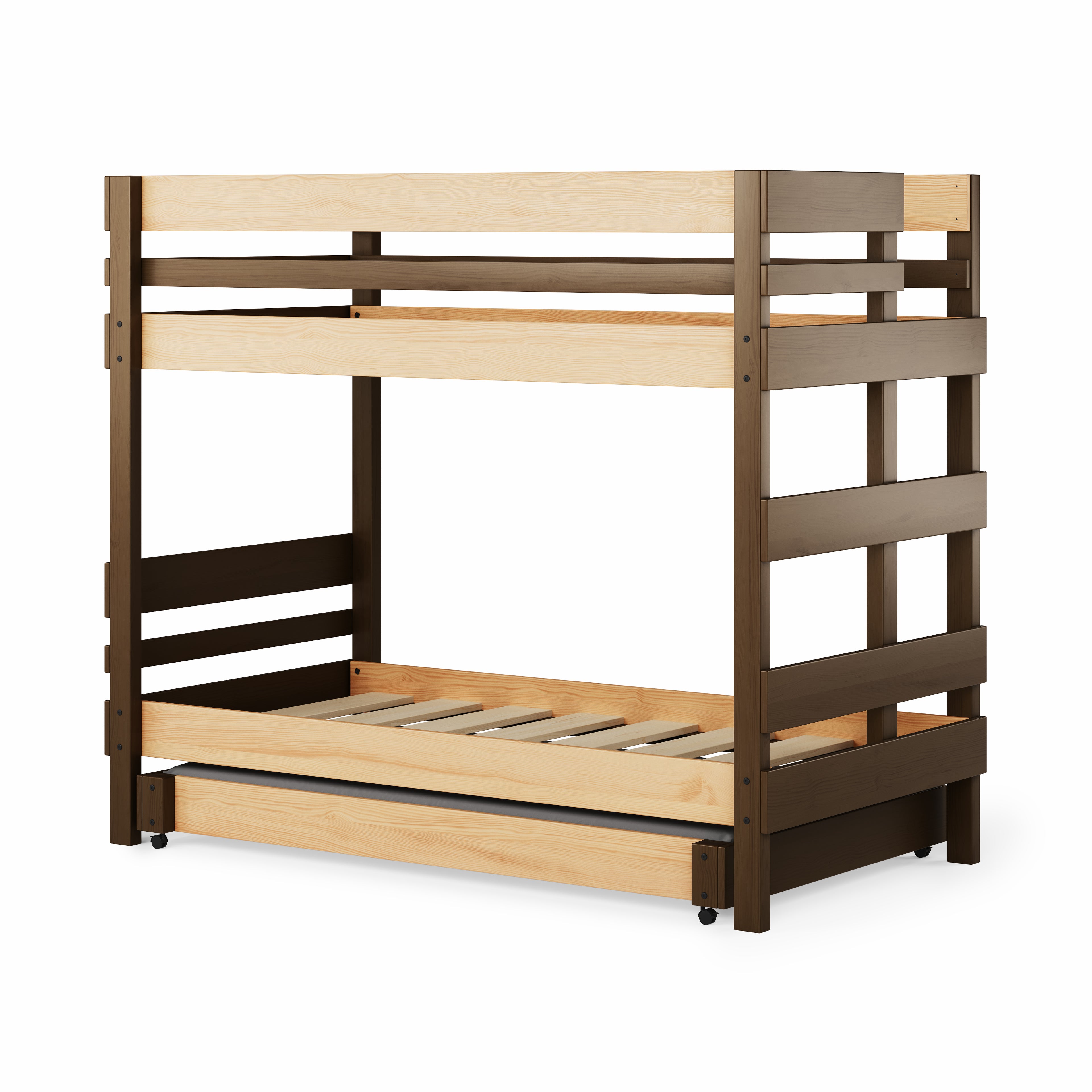 Wood finish end ladder bunk bed with sturdy guardrails and slatted base.
