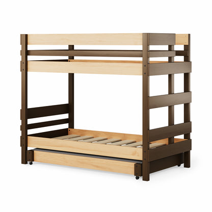 Wood finish end ladder bunk bed with sturdy guardrails and slatted base.
