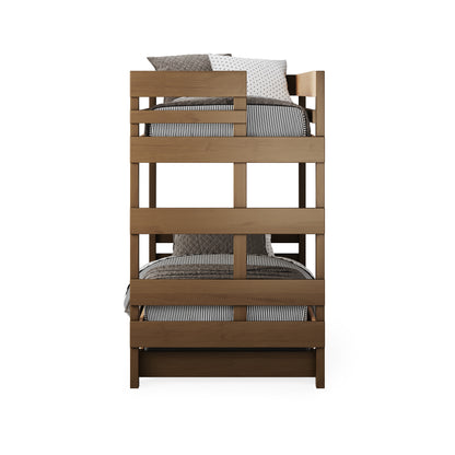 Native elm finish wooden bunk bed with clean horizontal slat design and neutral bedding.