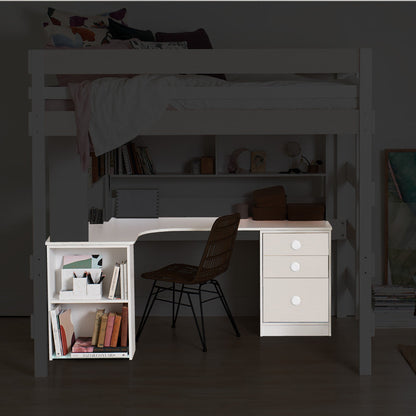 White large corner desk with 45cm chest and pedestal shelf unit, loft bed above.