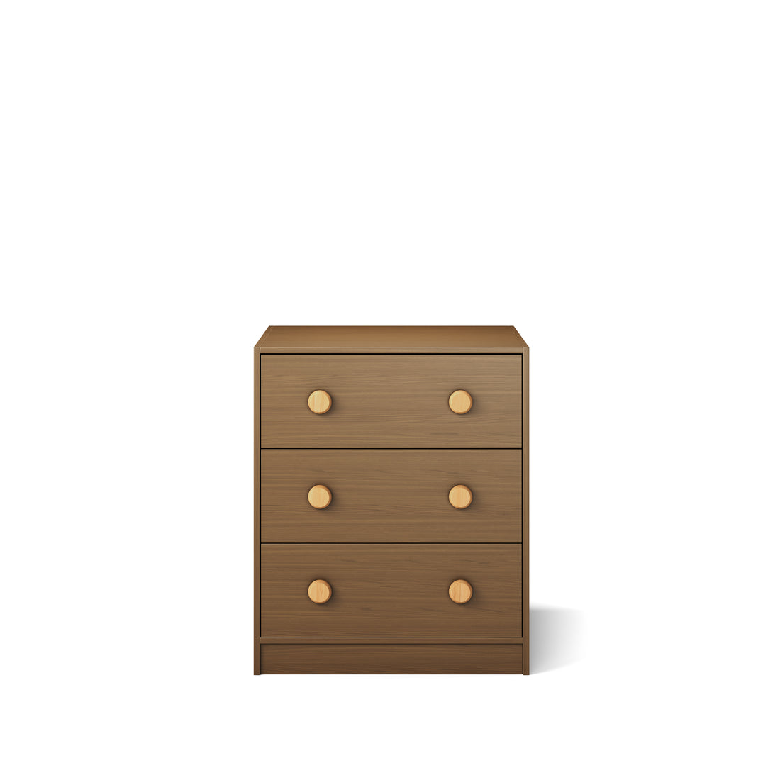 Three-drawer wooden chest with round knobs in native elm finish for bunk bed or loft bed storage.